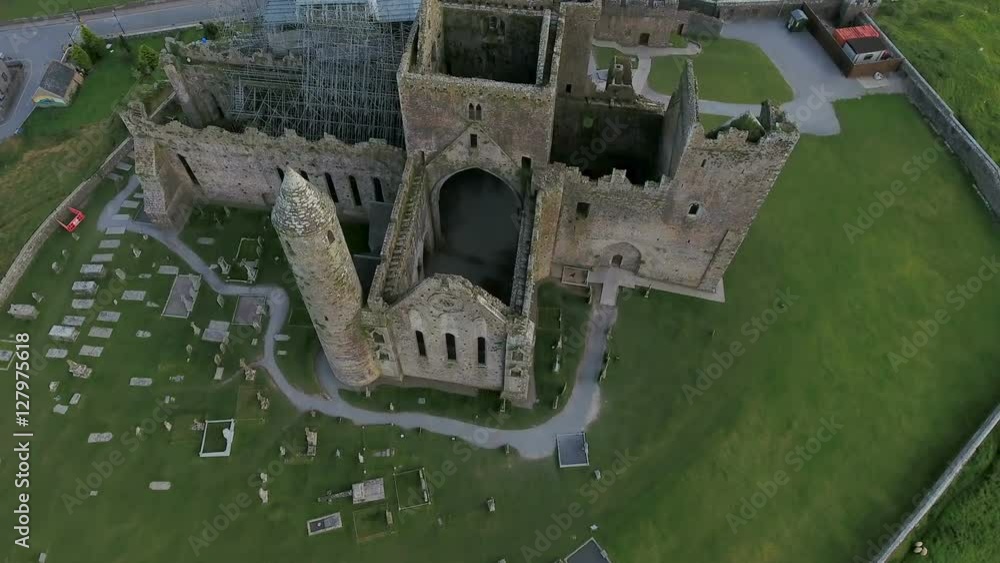 Top aerial view of the Rock of Cashel where some parts of the old castle is ruined already and up for renovation in Ireland Top aerial view of the Rock of Cashel where some parts of the old castle is ruined already and up for renovation in Ireland