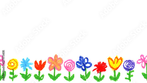 Quadro su tela Wax crayon kid`s drawn colorful flowers white