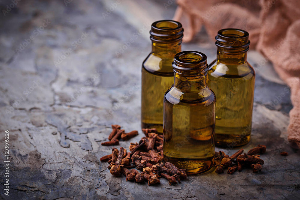 Oil of cloves in a small bottle Oil of cloves in a small bottle