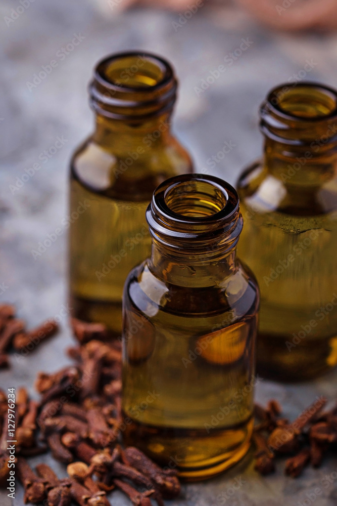 Oil of cloves in a small bottle Oil of cloves in a small bottle
