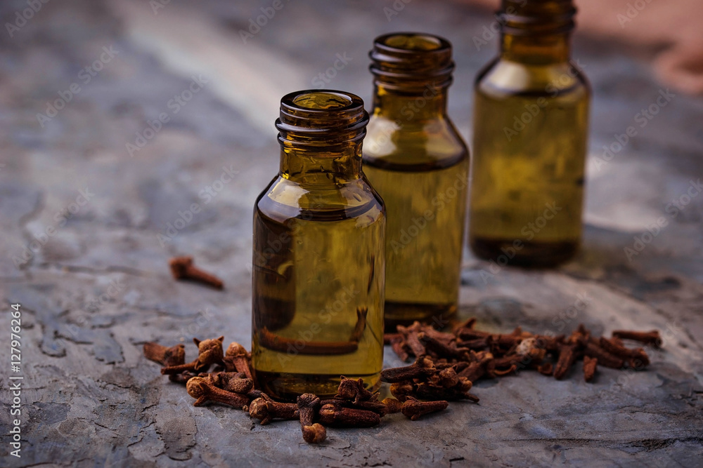 Oil of cloves in a small bottle Oil of cloves in a small bottle