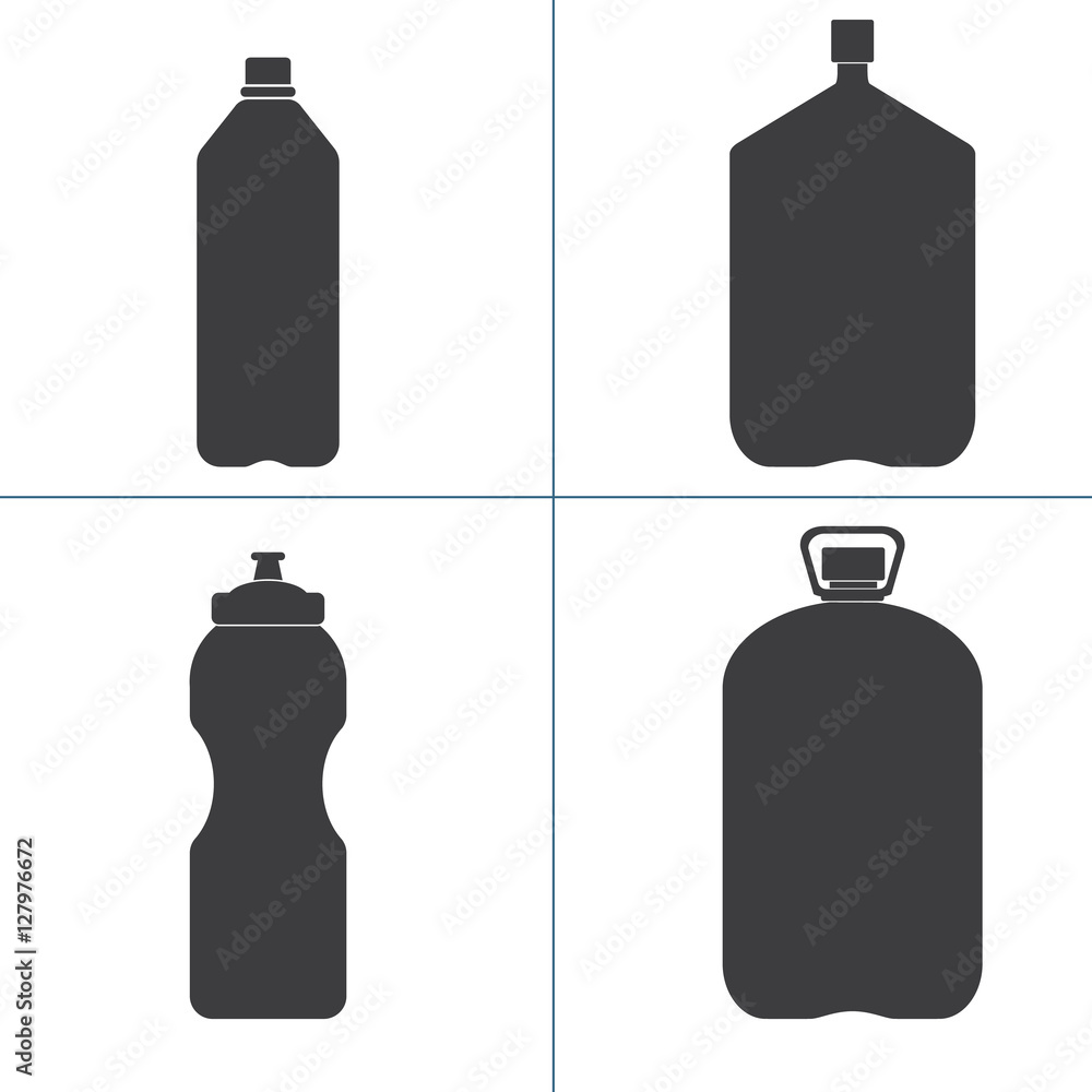 Set of black silhouette of plastic bottles with water. Small, big, sport bottle of water. Vector illustration Set of black silhouette of plastic bottles with water. Small, big, sport bottle of water. Vector illustration