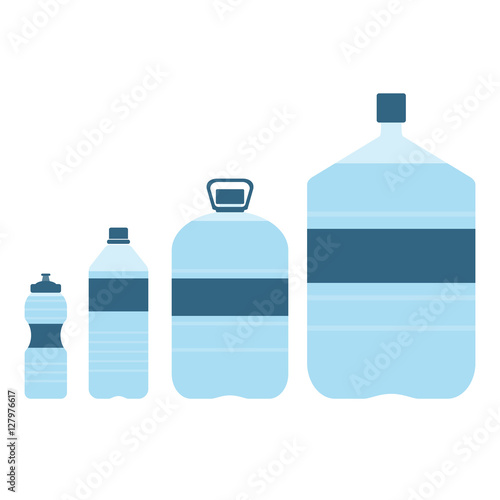 Set of plastic bottles with water. Small, big, sport bottle of water. With label. Vector illustration