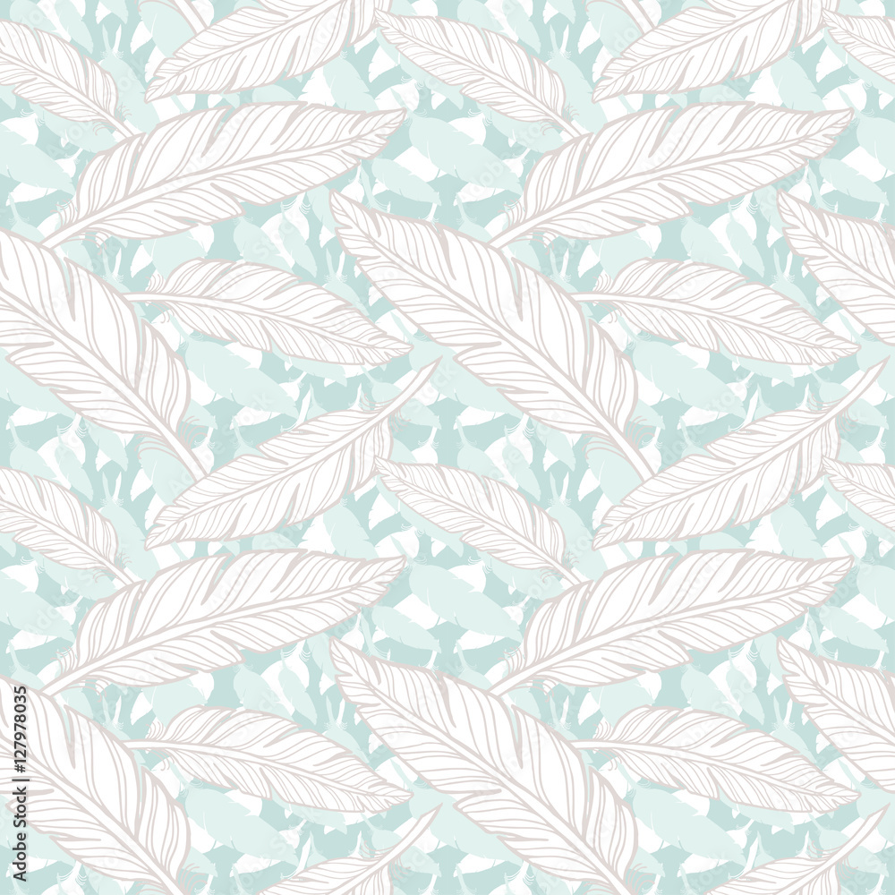 Fototapeta Seamless feathers pattern. Hand drawn light background.