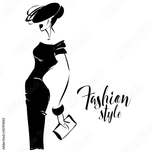 Black and white retro fashion model in sketch style. Hand drawn vector