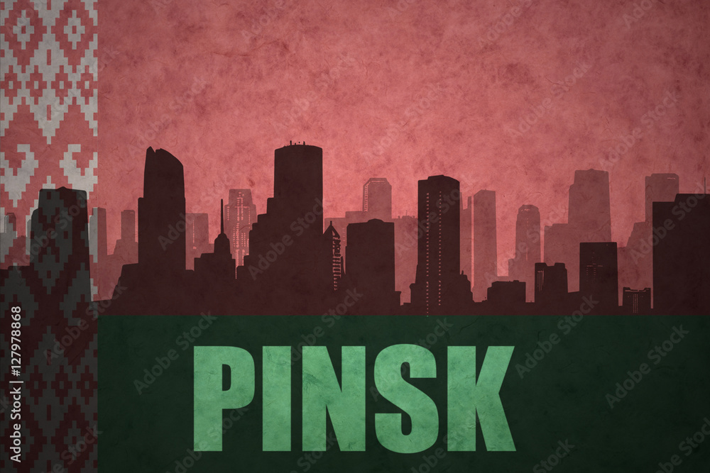 abstract silhouette of the city with text Pinsk at the vintage belarus flag