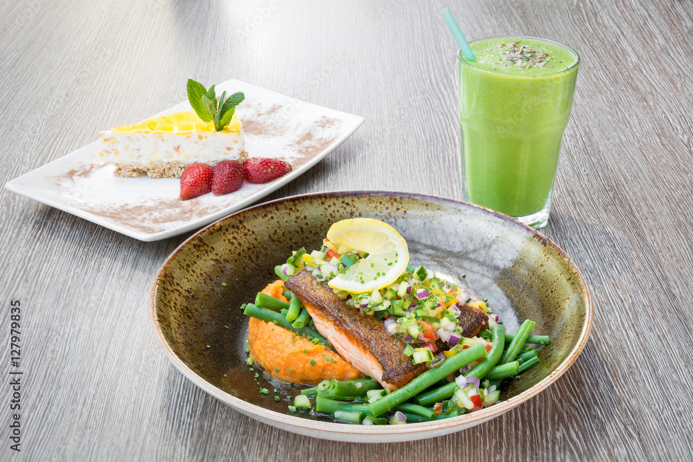 two course menu healthy lifestyle green juice fruit smoothie salmon beans sweet potato mash low fat dessert cheesecake two course menu healthy lifestyle green juice fruit smoothie salmon beans sweet potato mash low fat dessert cheesecake