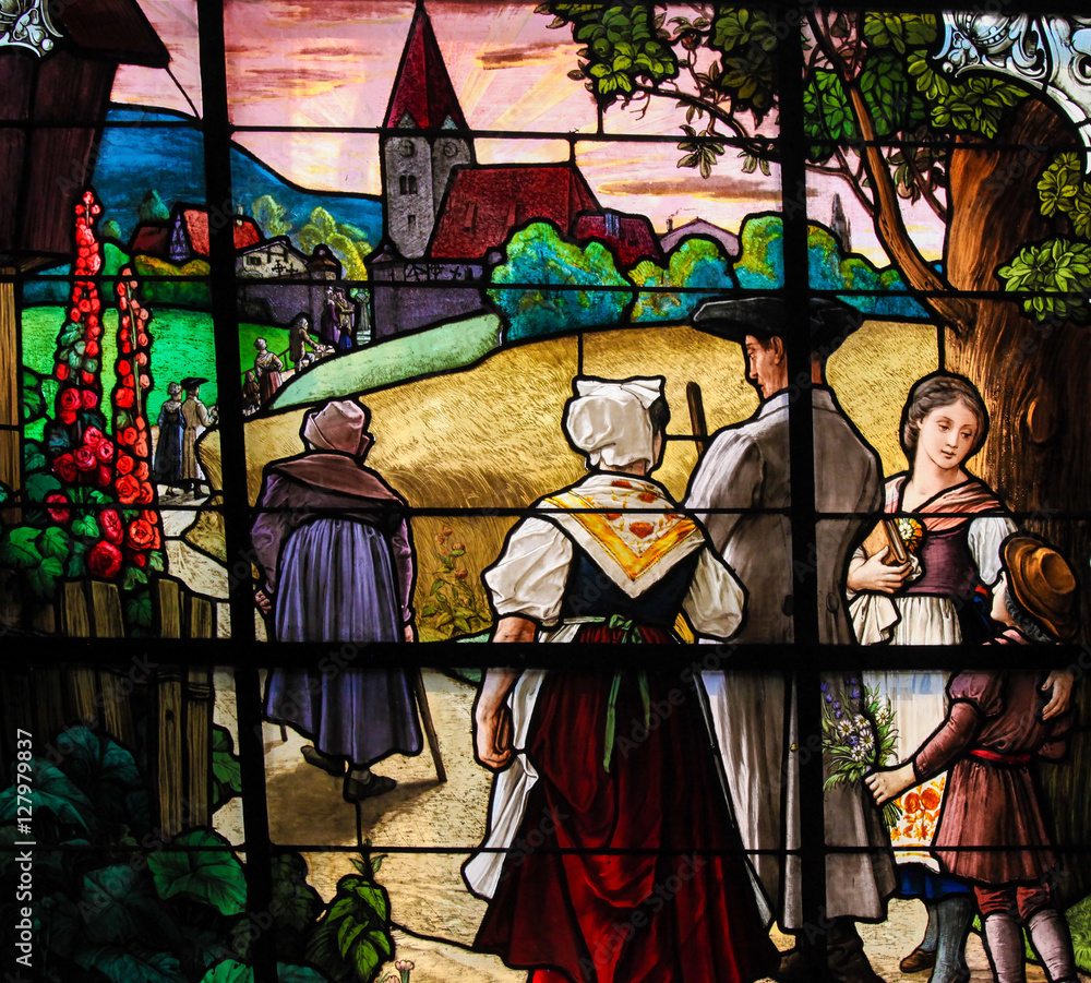 Family walking towards Church - Stained Glass