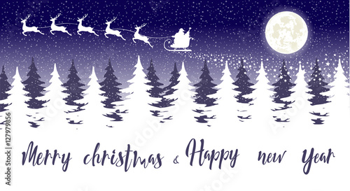 Merry Christmas and Happy New Year banner. Silhouette Santa Claus in sleigh with five deers flying over christmas trees forest. Concept holiday poster, flyer, greeting card. Cartoon style. Vector