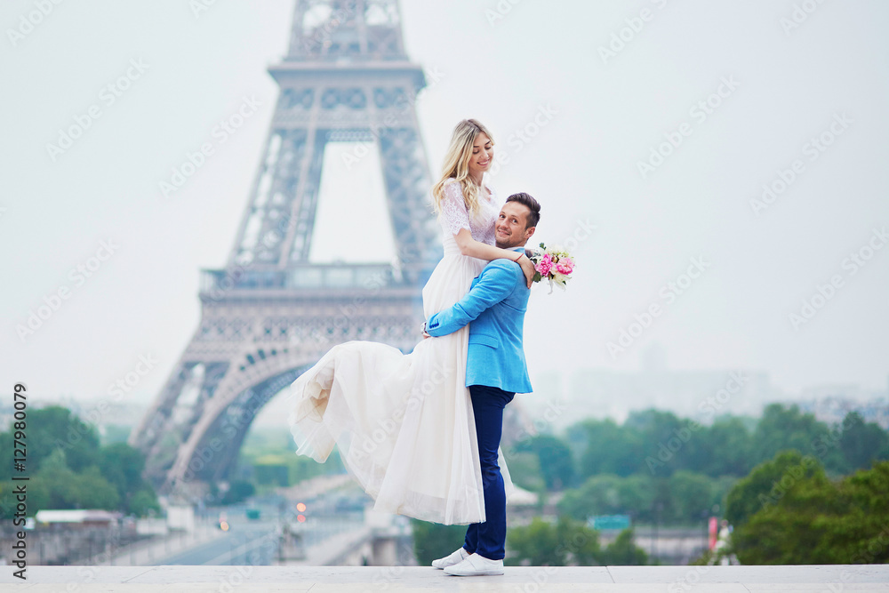 Just married couple near the Eiffel tower in Paris Just married couple near the Eiffel tower in Paris