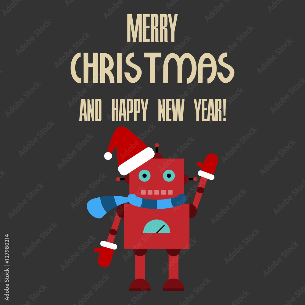 Vector illustration of a toy robot with text merry christmas and happy new year Vector illustration of a toy robot with text merry christmas and happy new year