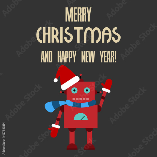 Vector illustration of a toy robot with text merry christmas and happy new year