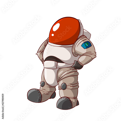 Colorful vector illustration of a cartoon expedition member, astronaut or a cosmonaut in suit on mars or in space.