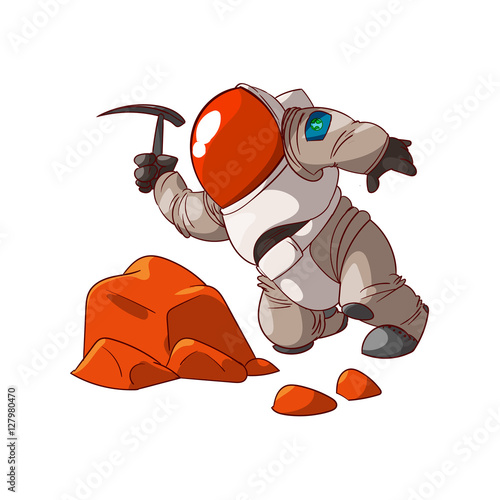 Colorful vector illustration of a cartoon expedition member, astronaut or a cosmonaut in suit on mars or in space.