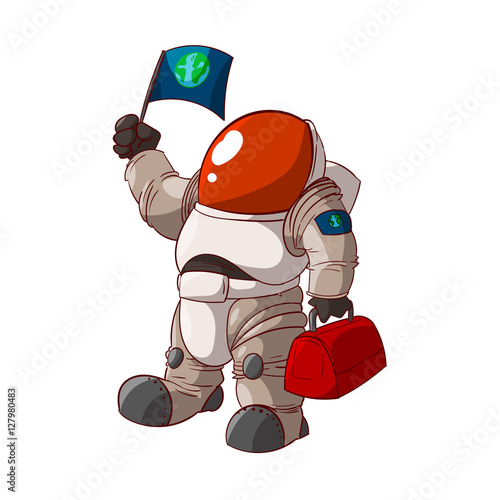 Colorful vector illustration of a cartoon expedition member, astronaut or a cosmonaut in suit on mars or in space.