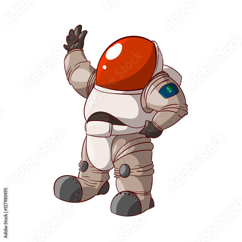 Colorful vector illustration of a cartoon expedition member, astronaut or a cosmonaut in suit on mars or in space.