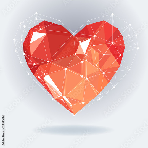 Low poly heart with white molecule structure. Vector Illustration. Abstract polygonal heart. Love symbol. Romantic background for Valentines day. Red origami.
