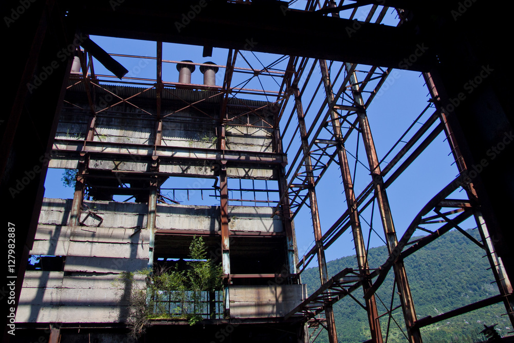 Obraz premium Abandoned, destroyed by war and overgrown machinery of Tkvarcheli power plant