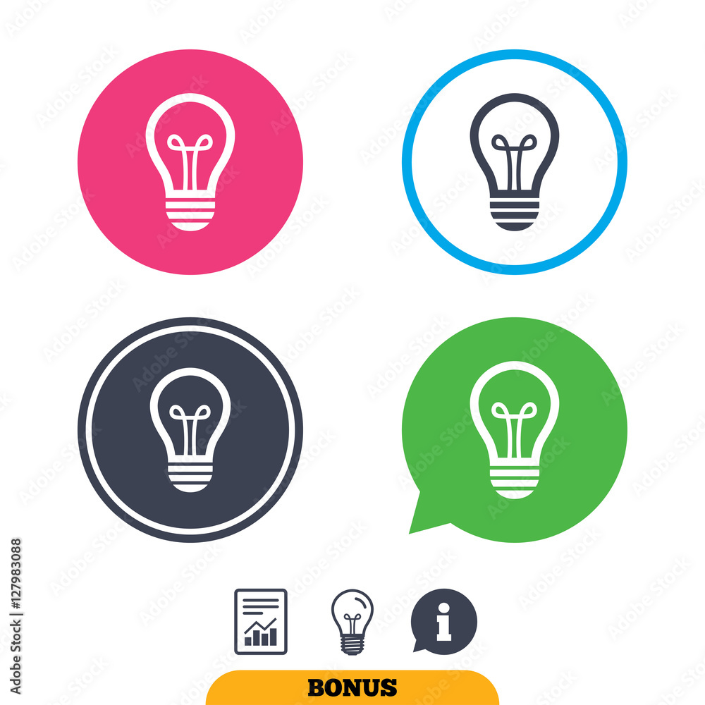Light lamp sign icon. Idea symbol. Report document, information sign and light bulb icons. Vector Light lamp sign icon. Idea symbol. Report document, information sign and light bulb icons. Vector