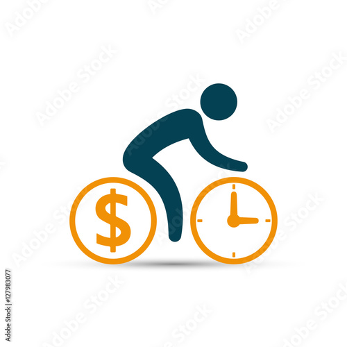 Business concept, cyclist icon vector. Time is money concept. Bicycle wheels as a coin and clock. Simple isolated bicycle sign.