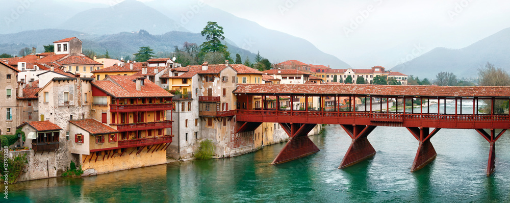 Vintage wooden bridge in old town Bassano