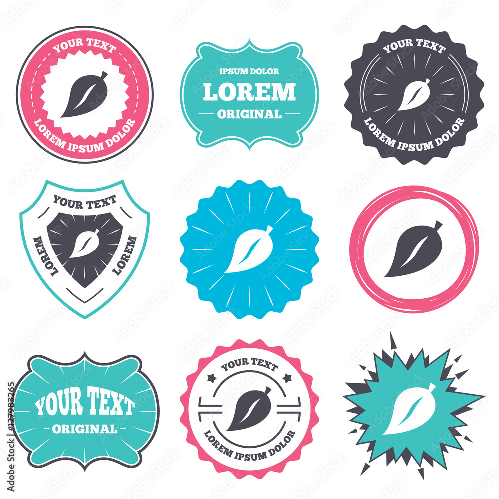 Obraz premium Label and badge templates. Leaf sign icon. Fresh natural product symbol. Retro style banners, emblems. Vector