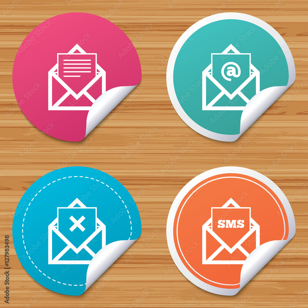 Round stickers or website banners. Mail envelope icons. Message document symbols. Post office letter signs. Delete mail and SMS message. Circle badges with bended corner. Vector Round stickers or website banners. Mail envelope icons. Message document symbols. Post office letter signs. Delete mail and SMS message. Circle badges with bended corner. Vector