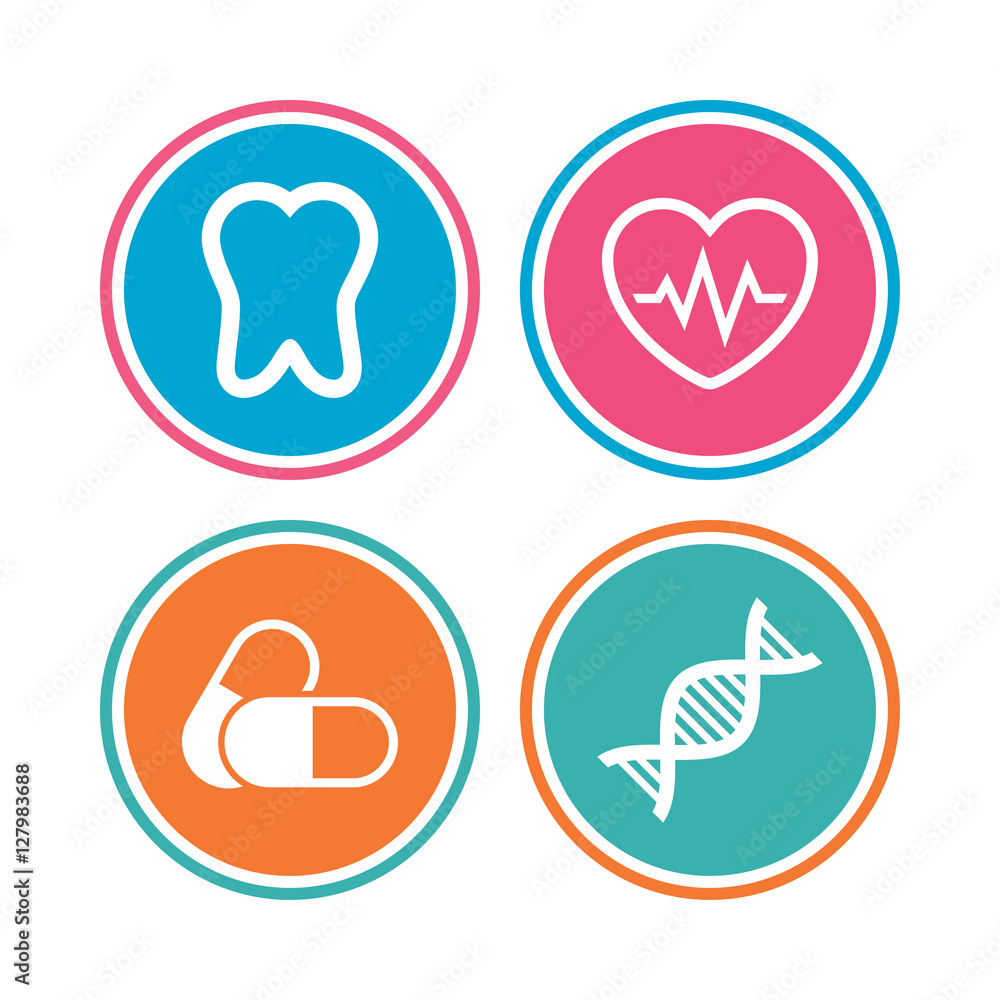Maternity icons. Pills, tooth, DNA and heart cardiogram signs. Heartbeat symbol. Deoxyribonucleic acid. Dental care. Colored circle buttons. Vector Maternity icons. Pills, tooth, DNA and heart cardiogram signs. Heartbeat symbol. Deoxyribonucleic acid. Dental care. Colored circle buttons. Vector