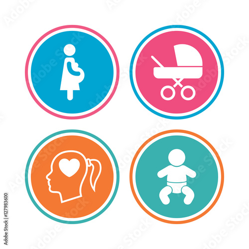 Maternity icons. Baby infant, pregnancy and buggy signs. Baby carriage pram stroller symbols. Head with heart. Colored circle buttons. Vector