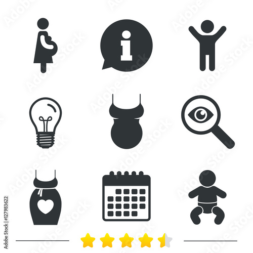 Maternity icons. Baby infant, pregnancy and shirt signs. Dress with heart symbol. Information, light bulb and calendar icons. Investigate magnifier. Vector