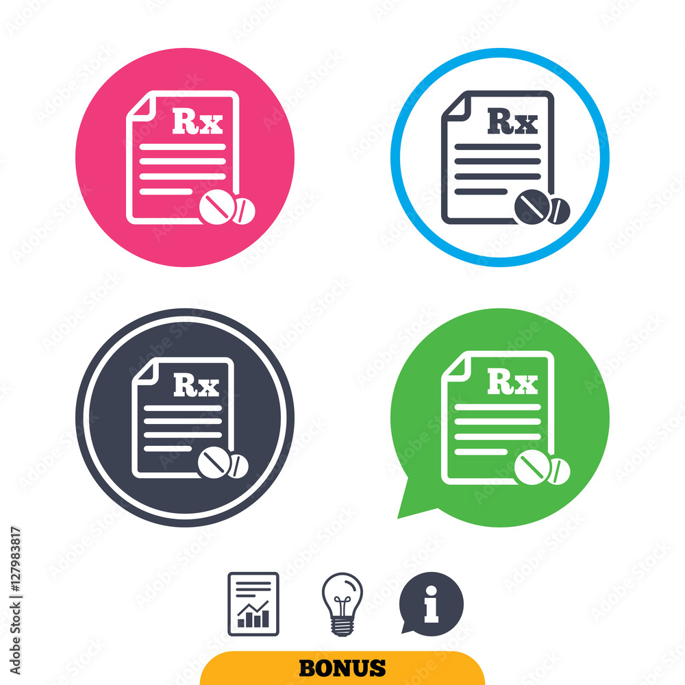 Medical prescription Rx sign icon. Pharmacy or medicine symbol. With round tablets. Report document, information sign and light bulb icons. Vector Medical prescription Rx sign icon. Pharmacy or medicine symbol. With round tablets. Report document, information sign and light bulb icons. Vector