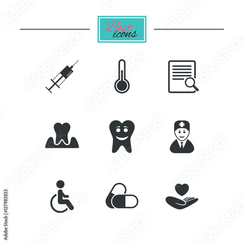 Medicine, medical health and diagnosis icons. Capsules, syringe and doctor signs. Tooth parodontosis, disabled person symbols. Black flat icons. Classic design. Vector