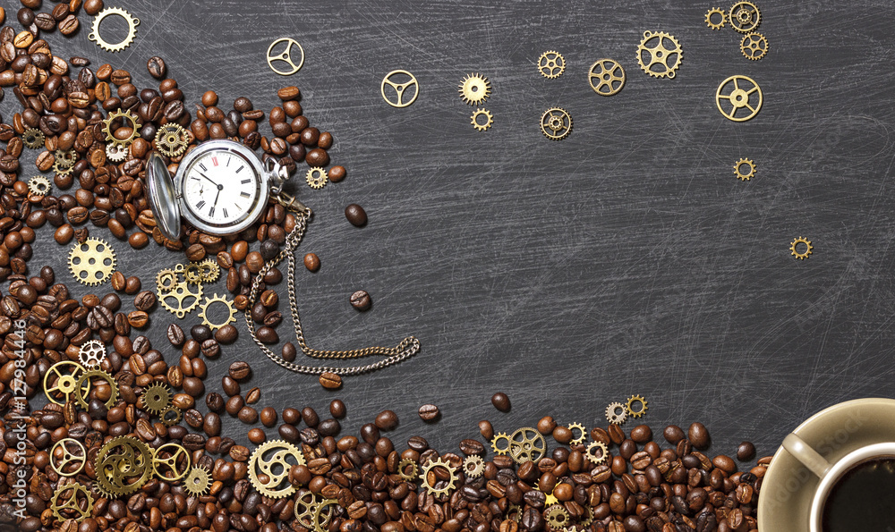 desk table with coffee cup, pocket watch and coffee beans. Mockup for cafe menu. Top view. Flat lay