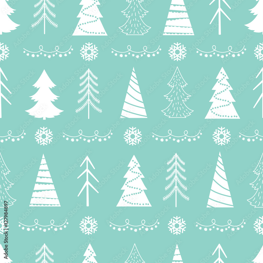 Seamless Christmas vector pattern with white fir-trees, snowflakes, garlands