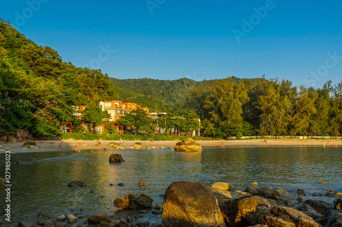 Beautiful landscape sea near bridge pier at beach of Laem Panwa photo