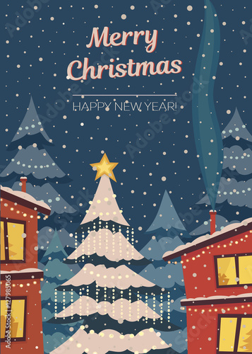 Merry Christmas vector vertical card in subdued retro colors. Winter town with christmas tree and snowfall.