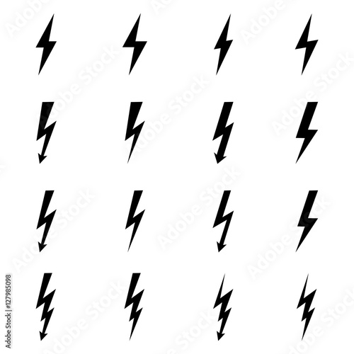 Set of icons representing lightning bolt, lightning strike or thunderstorm. Suitable for voltage, electricity and power signs. Vector Illustration