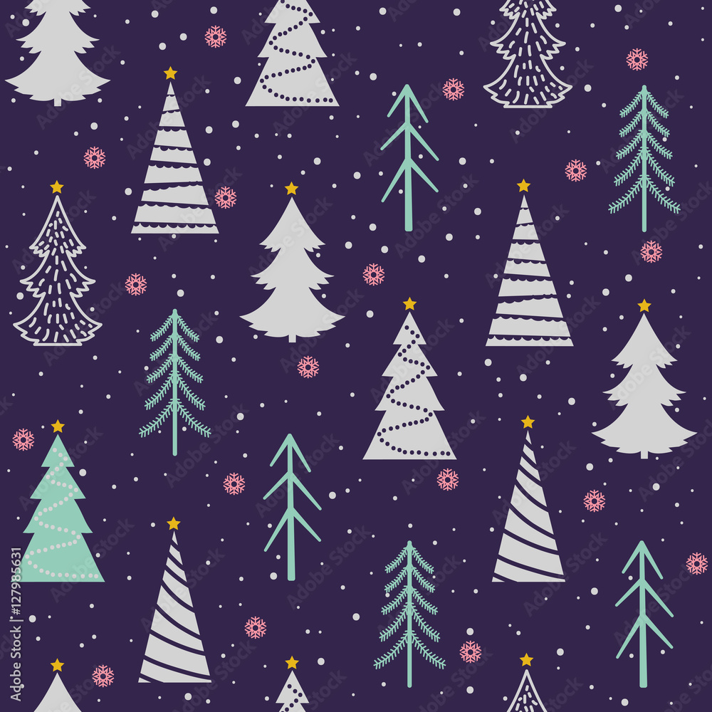 Seamless Christmas vector pattern with fir-trees, snowflakes, snow, stars Seamless Christmas vector pattern with fir-trees, snowflakes, snow, stars