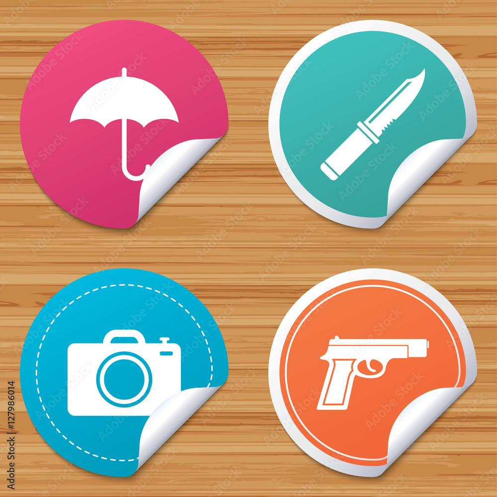 Round stickers or website banners. Gun weapon icon.Knife, umbrella and photo camera signs. Edged hunting equipment. Prohibition objects. Circle badges with bended corner. Vector Round stickers or website banners. Gun weapon icon.Knife, umbrella and photo camera signs. Edged hunting equipment. Prohibition objects. Circle badges with bended corner. Vector