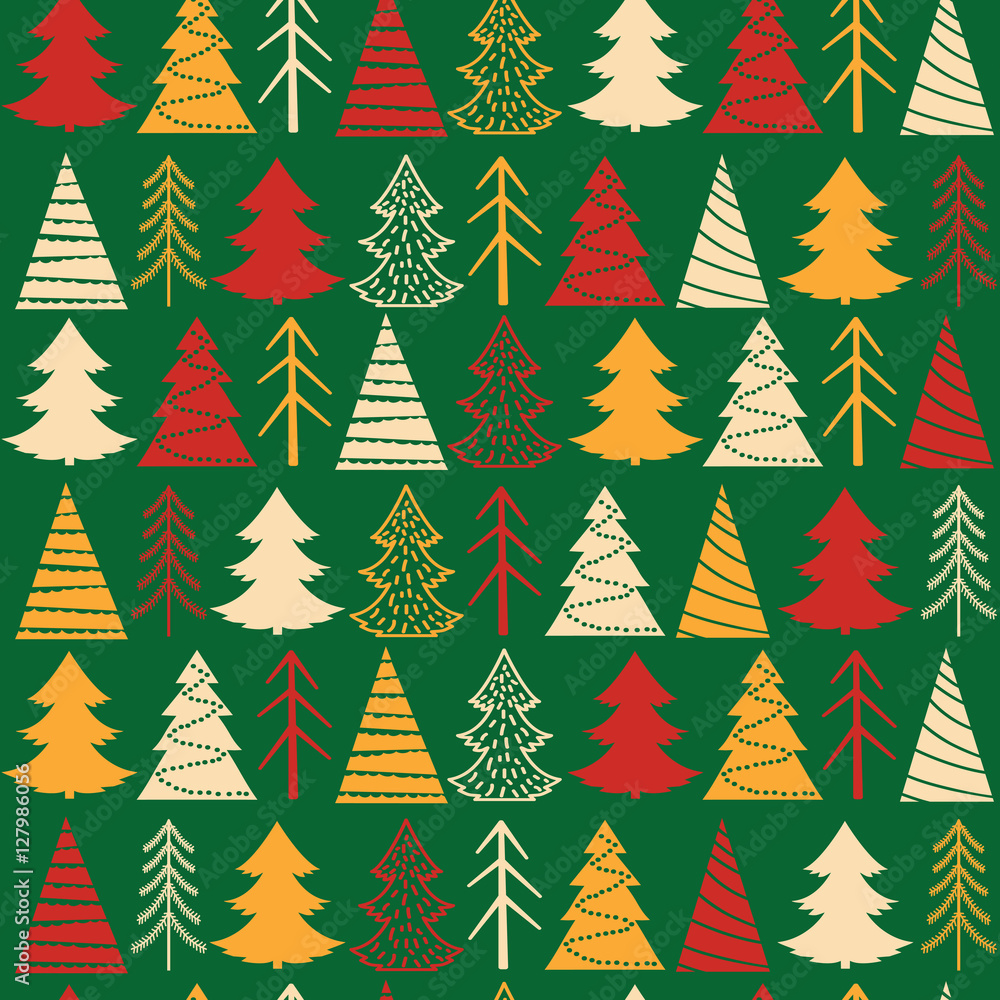 Obraz premium Seamless Christmas vector pattern with colorful fir-trees