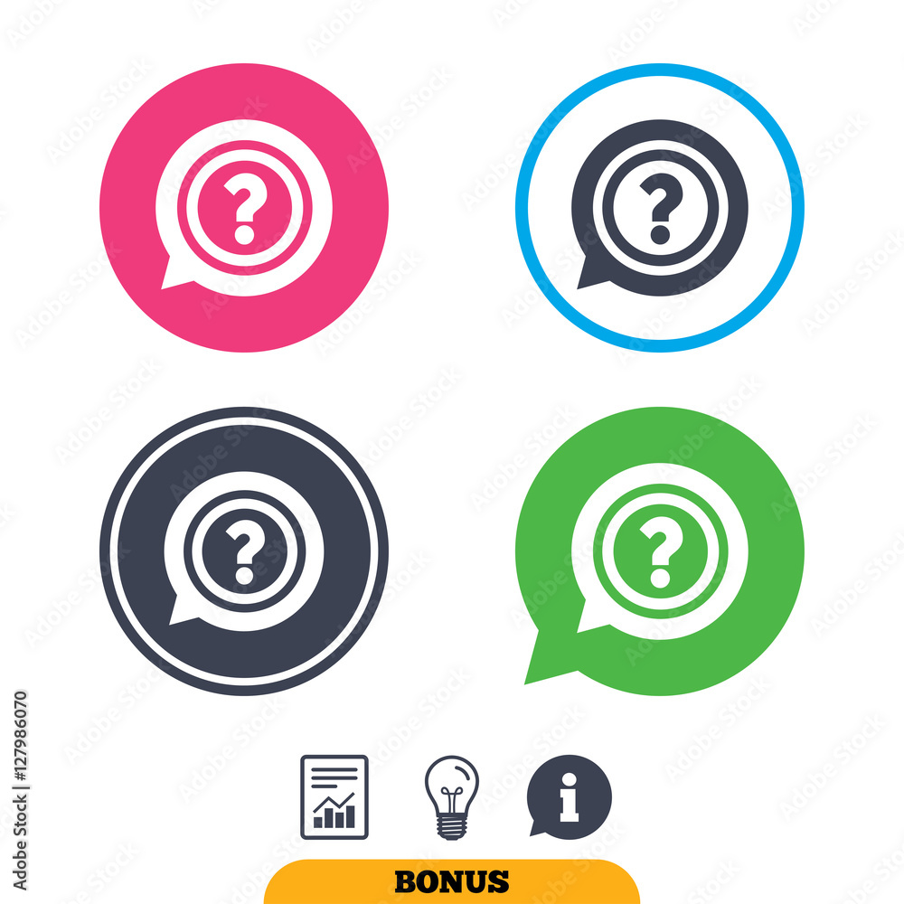 Question mark sign icon. Help speech bubble symbol. FAQ sign. Report document, information sign and light bulb icons. Vector Question mark sign icon. Help speech bubble symbol. FAQ sign. Report document, information sign and light bulb icons. Vector