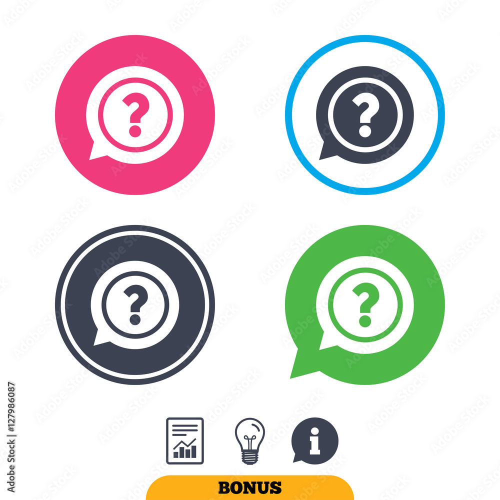 Question mark sign icon. Help speech bubble symbol. FAQ sign. Report document, information sign and light bulb icons. Vector Question mark sign icon. Help speech bubble symbol. FAQ sign. Report document, information sign and light bulb icons. Vector