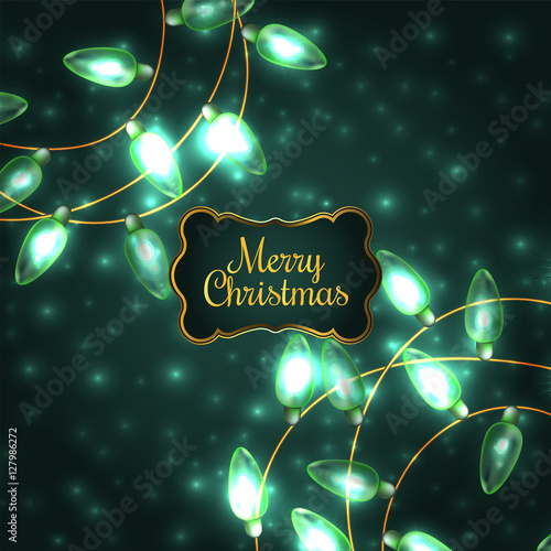 Colorful Green Glowing Christmas Lights.Vector elements can be used as backdrop for new Year decoration. Holiday Illustration, luminous electric garland, shiny light bulbs and wire