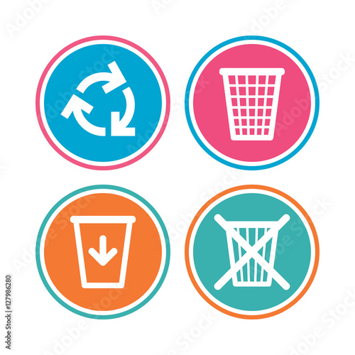 Recycle bin icons. Reuse or reduce symbols. Trash can and recycling signs. Colored circle buttons. Vector
