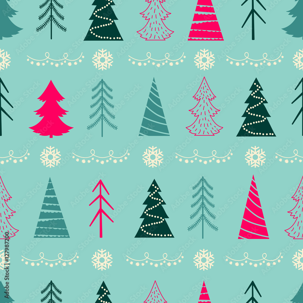 Seamless Christmas vector pattern with fir-trees, snowflakes, garlands