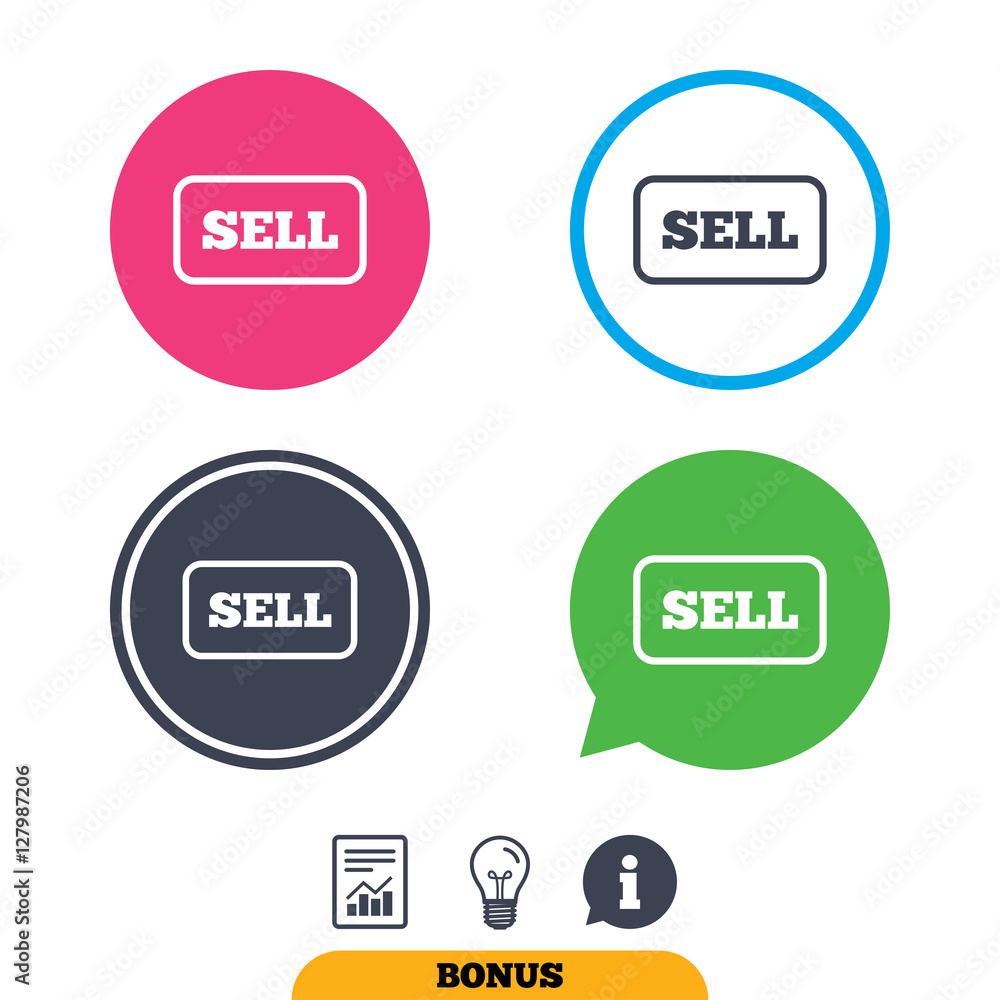 Sell sign icon. Contributor earnings button. Report document, information sign and light bulb icons. Vector Sell sign icon. Contributor earnings button. Report document, information sign and light bulb icons. Vector