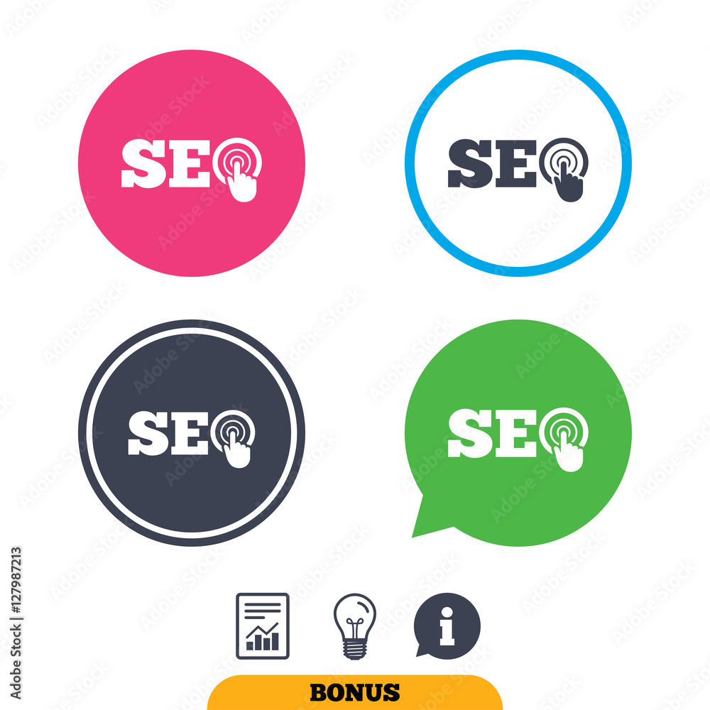 SEO sign icon. Search Engine Optimization symbol. Report document, information sign and light bulb icons. Vector SEO sign icon. Search Engine Optimization symbol. Report document, information sign and light bulb icons. Vector