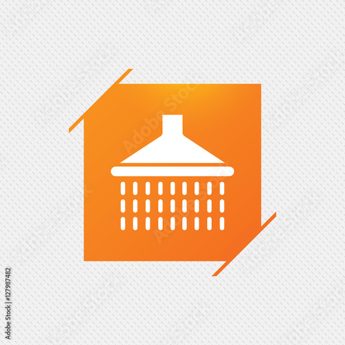 Shower sign icon. Douche with water drops symbol. Orange square label on pattern. Vector
