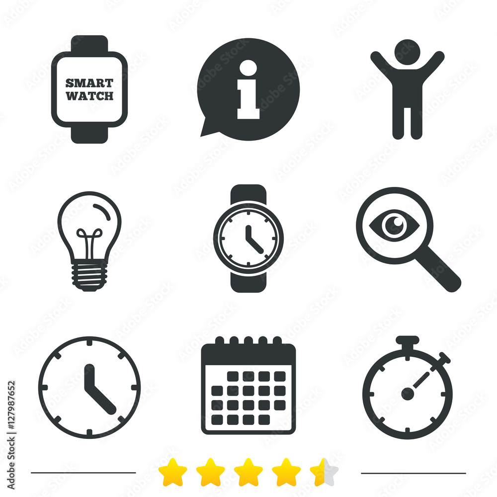 Smart watch icons. Mechanical clock time, Stopwatch timer symbols