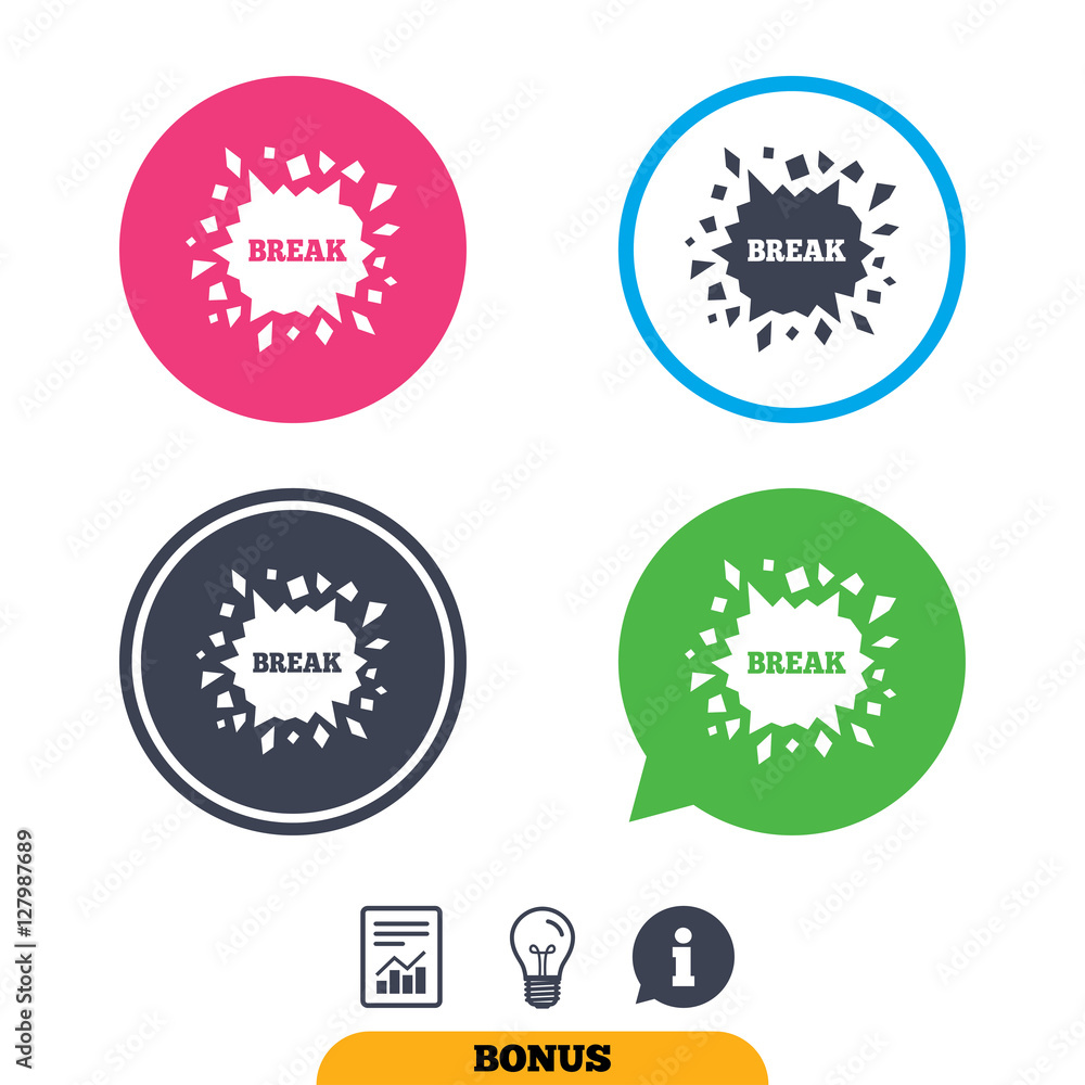 Break it sign. Cracked hole icon. Smashed wall symbol. Report document, information sign and light bulb icons. Vector Break it sign. Cracked hole icon. Smashed wall symbol. Report document, information sign and light bulb icons. Vector